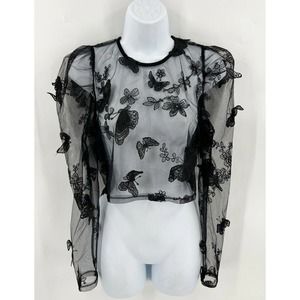 Windsor Butterfly Sheer Top Small Black Cropped Puff Shoulder Back Zipper NEW